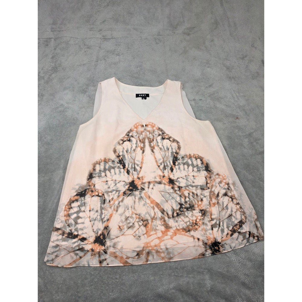 DKNY Womens Peach Butterfly Wing Print Sleeveless V-Neck Layered‎ Blouse Medium